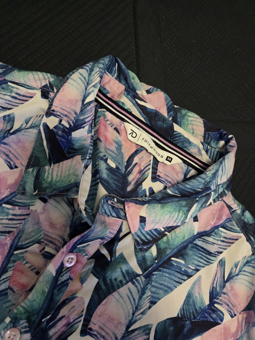 7 Diamonds Men’s Short-Sleeve Tropical Leaf Print Shirt - Blue & Pink